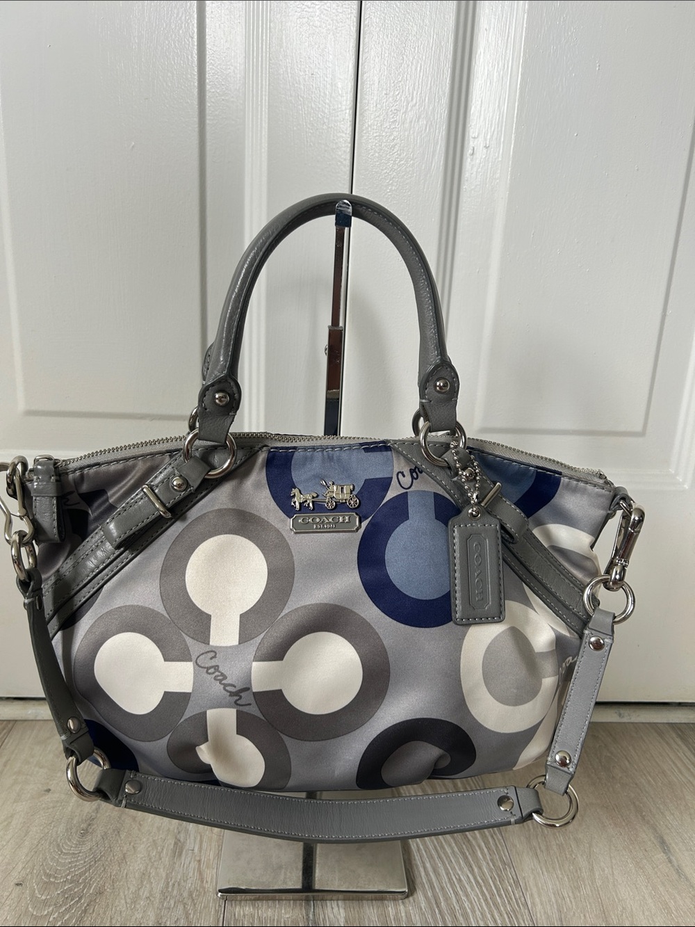 Coach Vintage Gray and Navy Signature Circle Pattern Shoulder Bag
